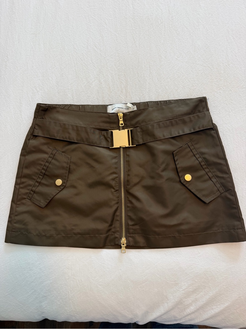 NWT HUDSON X BROOKS NADER Olive Green Mini Skirt with Gold Hardware